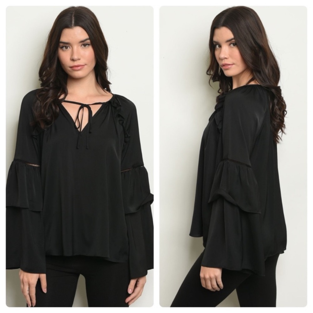 Black Boho Ruffle Sleeve Top S M L NWT